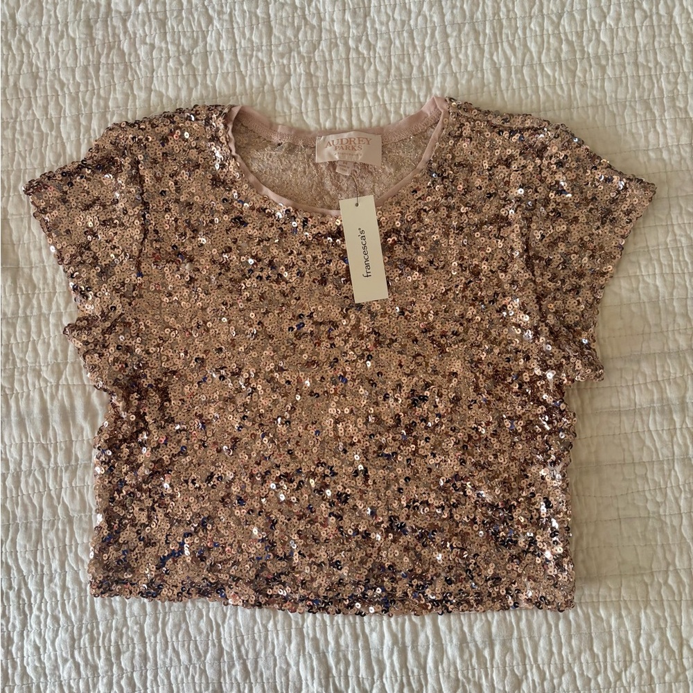 Francesca's Rose Gold Sequin Crop Shirt